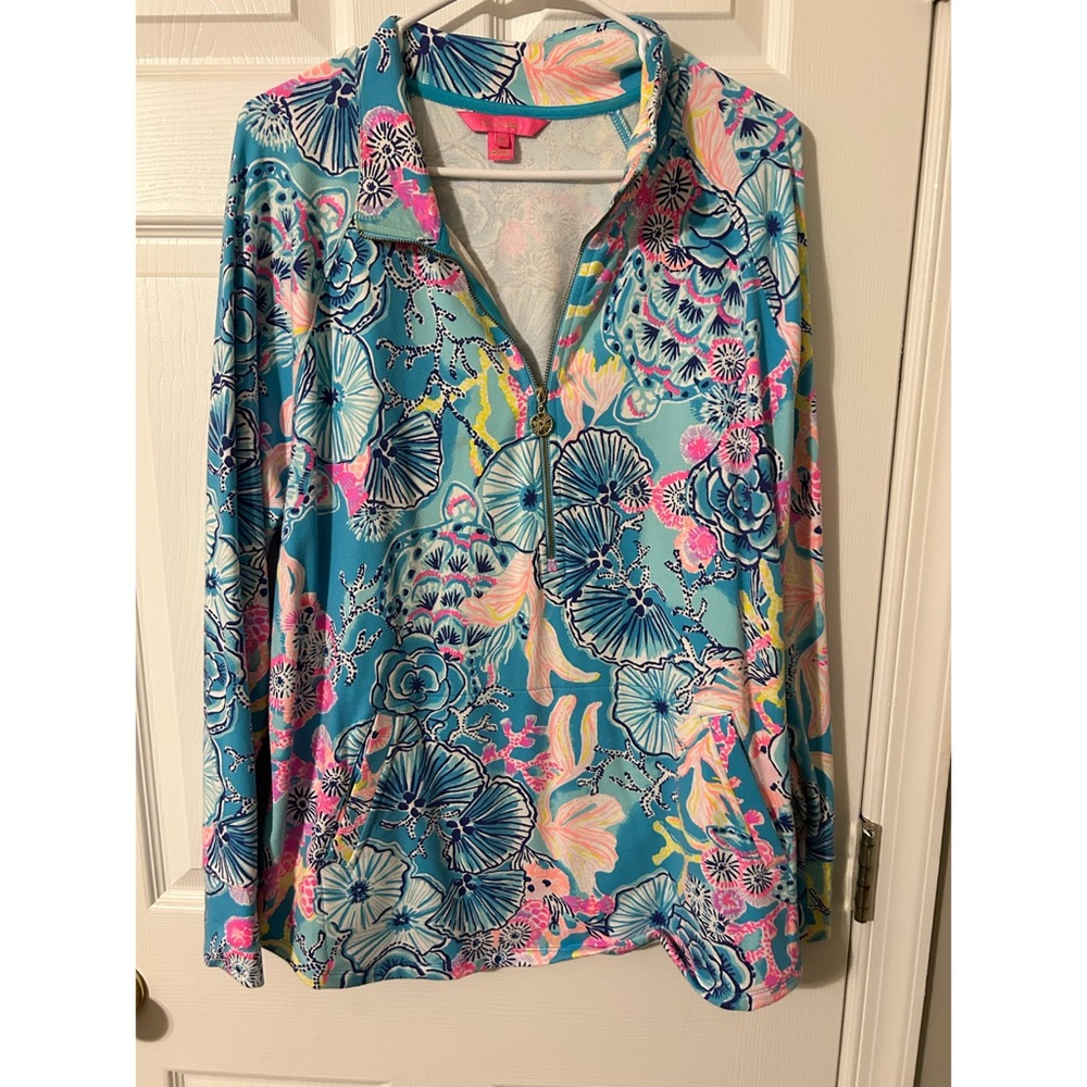 Lilly Pulitzer Teal Floral Print Half-Zip Pullover with Pink & Yellow Accents